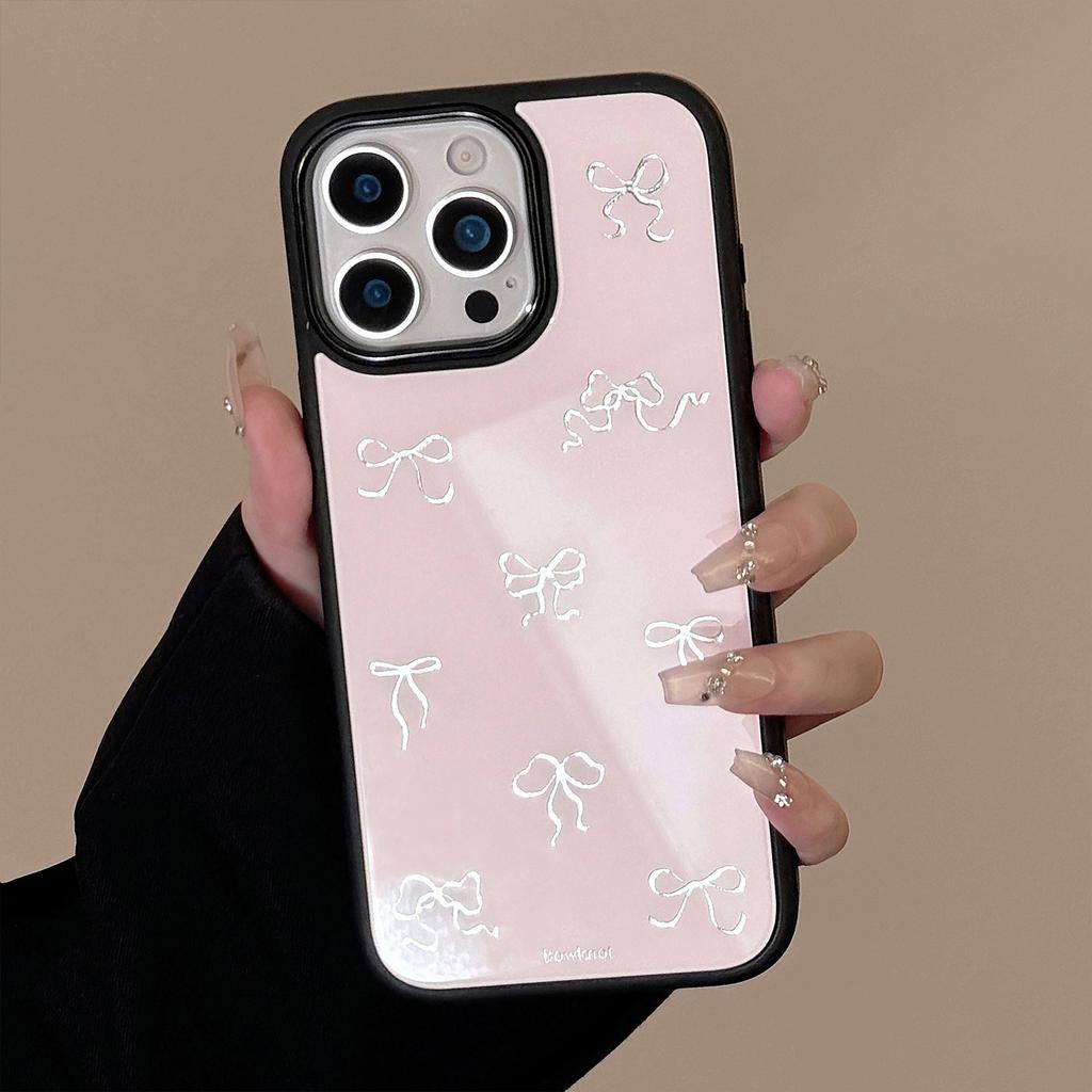 Gilded Case Suitable for iPhone 16 Pro Max, Apple 15, 13, 14, 17, with Glass and Light Luxury Pink Bow