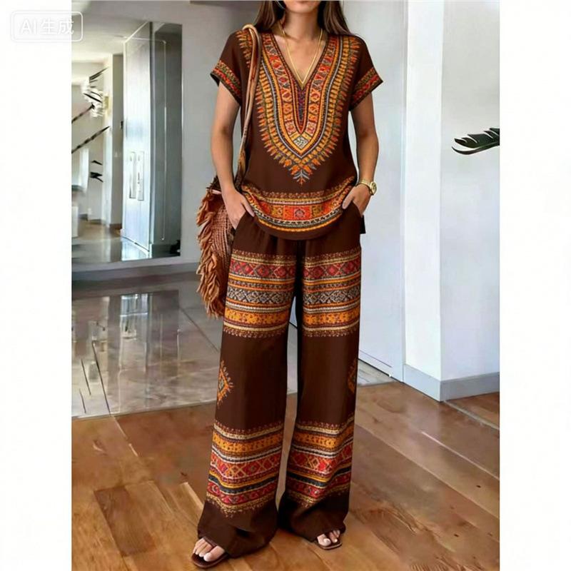 Malaysia Bohemian Print Two-piece Fashion V-neck Short-sleeved Suit Top