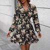 European and American Spring New Women's Clothing Printing Elegant V-neck Long-sleeved Women's Dress Shows Thin European and American Style