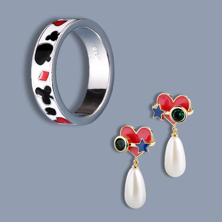 

Lovely Fun Poker Pattern Enamel Ring Earrings Set Personality Lovely Five-pointed Pearl Earrings