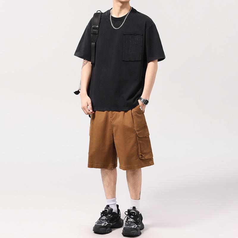 New Summer Heavy Short-sleeved T-shirt for Men Wide Embroidered Cotton Old Round Neck Top