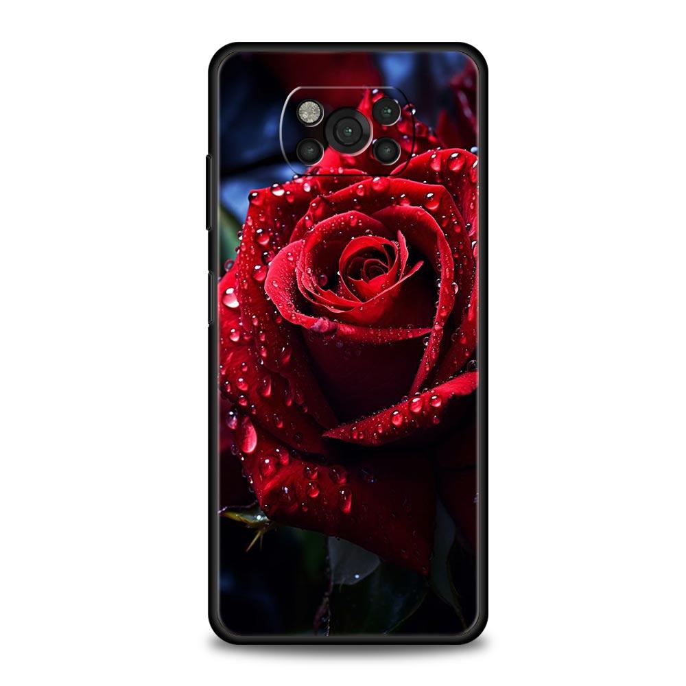 Phone Case For Xiaomi Poco X6 X5 X4 Pro 5G X3 NFC F5 F4 M5 M4 M3 F3 GT C51 C50 C55 Soft Black Cover Beautiful Red Rose Flowers