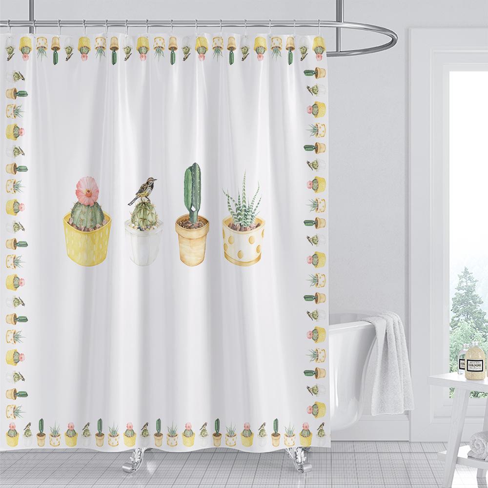 Green Plant Leaf Cactus Shower Curtain Printed Modern Nordic Minimalist Polyster Bathroom Curtain Home Decor Curtain with Hooks