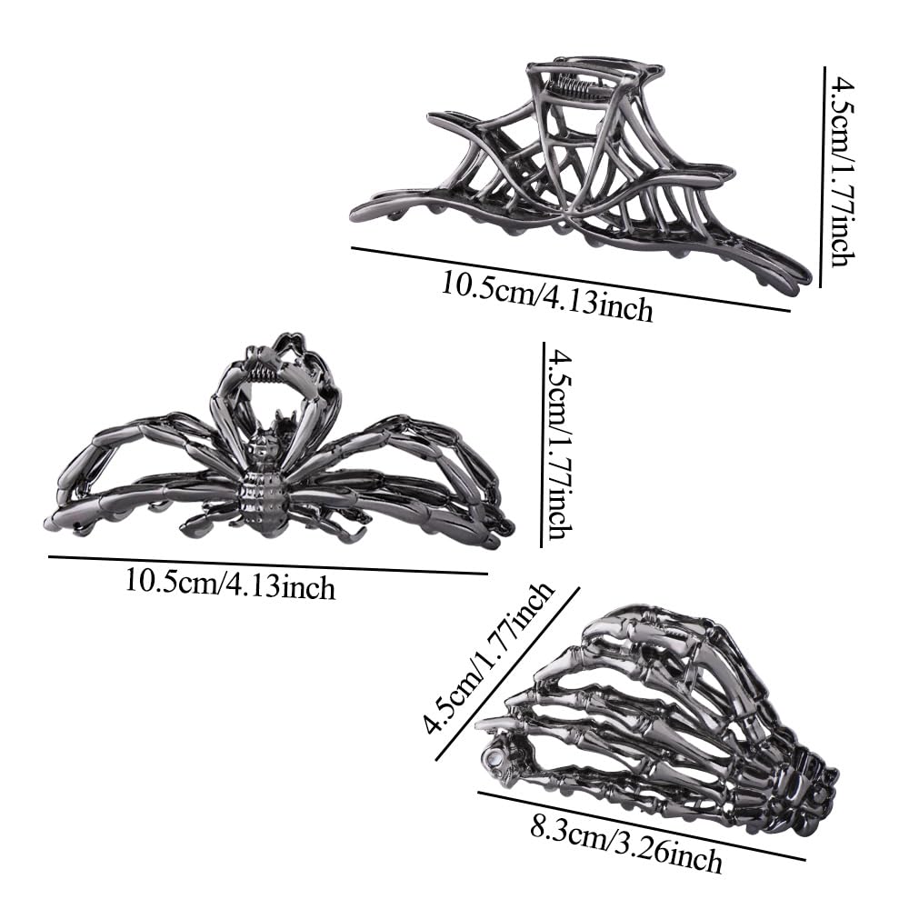 3PCS Black Spider Web Skeleton Hand Skull Hair Claw Clips for Women And Girls, Hiphop Metal Large Medium Size for Thick Thin Hair