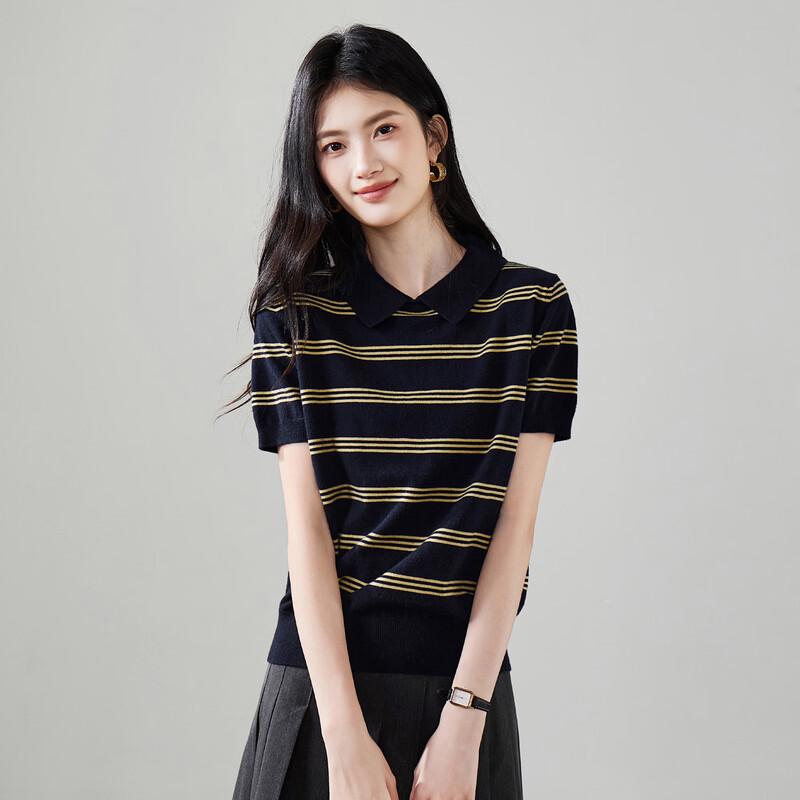 SOFSIL Women's Striped Lapel Short Sleeve Knit Top