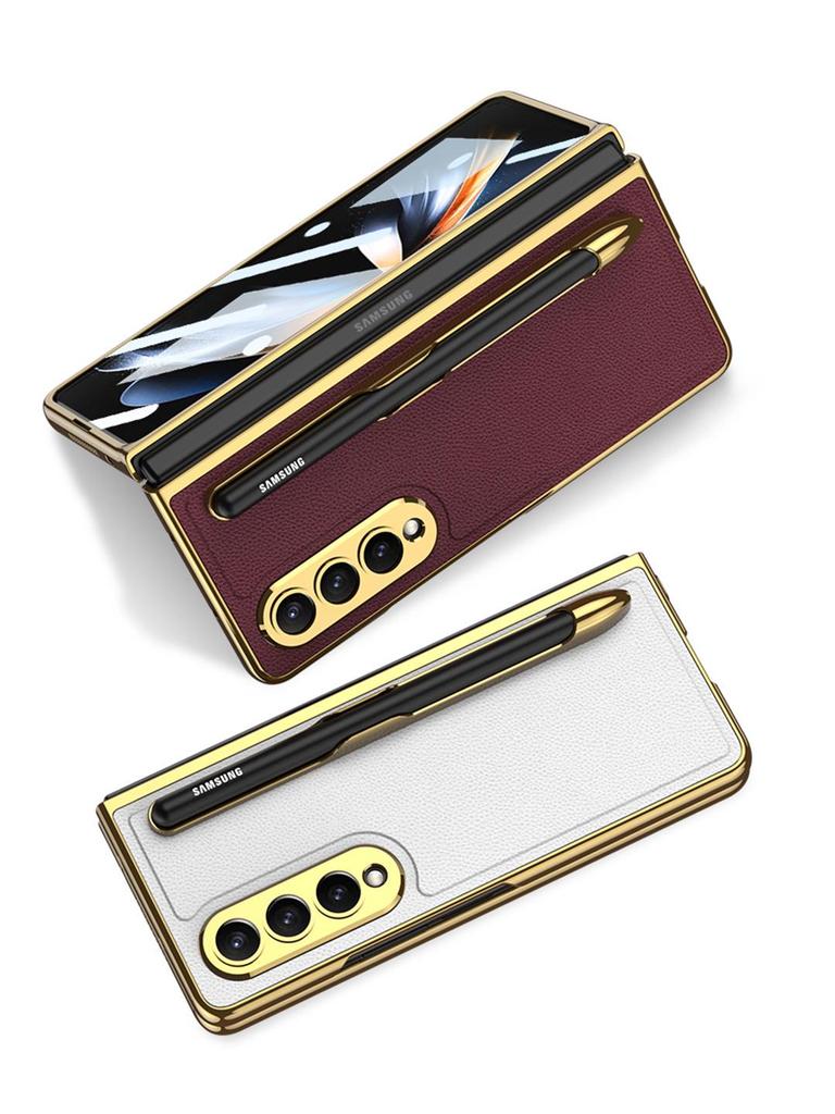 Samsung Z Fold 4 Pen Slot Leather Phone Case with Electroplated Finish and Camera Protection
