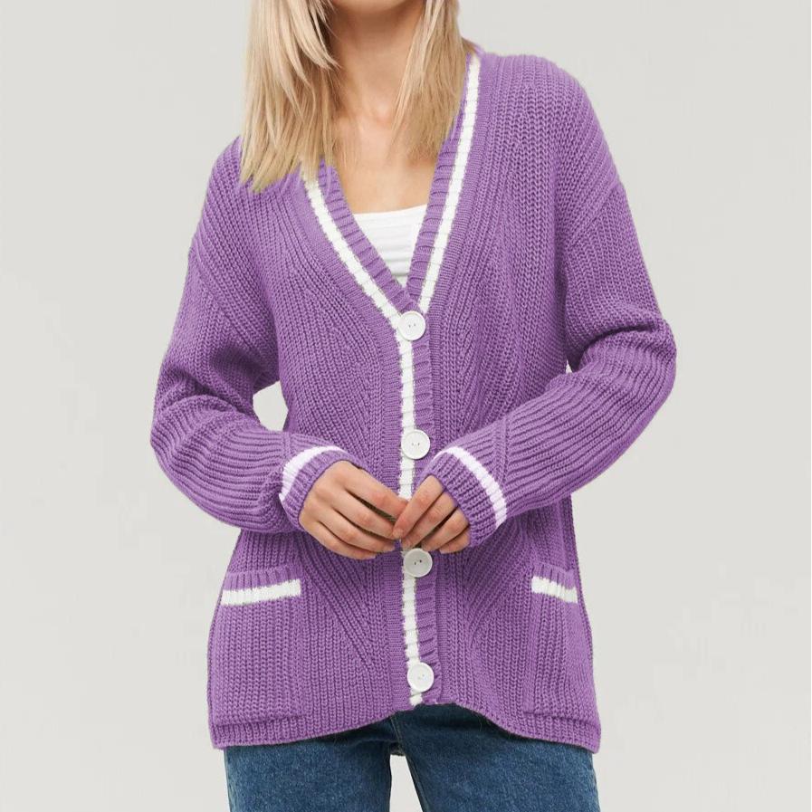 women's Knitted cardigan sweater autumn winter versatile V-neck pocket color matching knitted long-sleeved sweaters jacket women