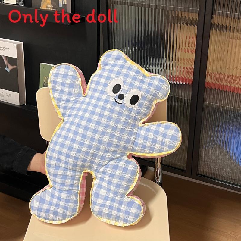 

Cream Color Original Color Block Bear Cushion With Embroidered Grid Pattern For Living Room Decor