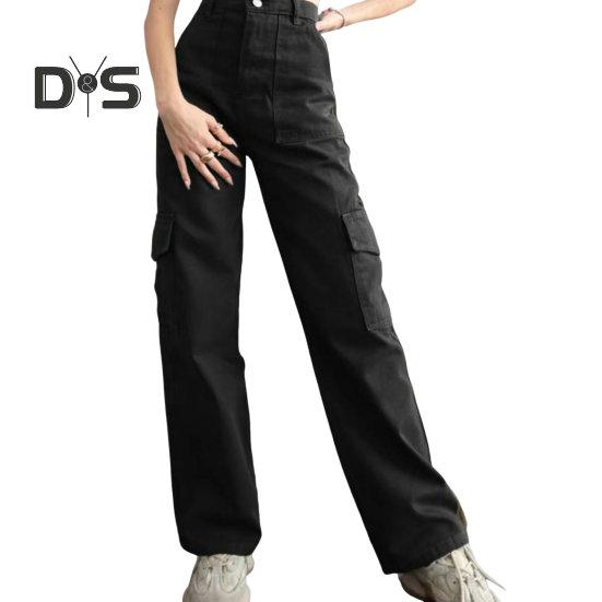Women Cargo Pants Mid-rise Button Zipper Waist Casual Trousers with Multi Pockets Straight Leg Loose Fit Solid Color Long Pants