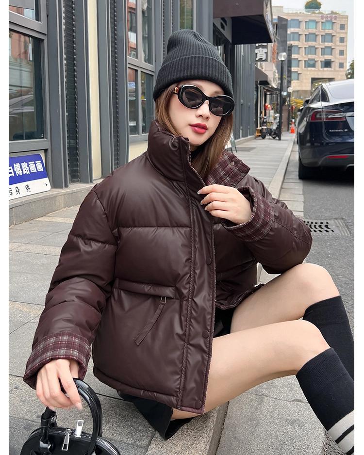 Vertical Collar Plaid Contrast Cotton Warm Short Thickened Jacket