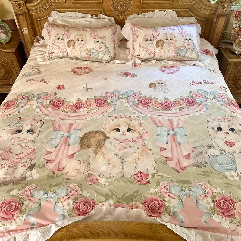 Cute Cartoon Lolita Pure Cotton Bedsheet and Duvet Cover Set – All-Cotton, Four-Piece Set