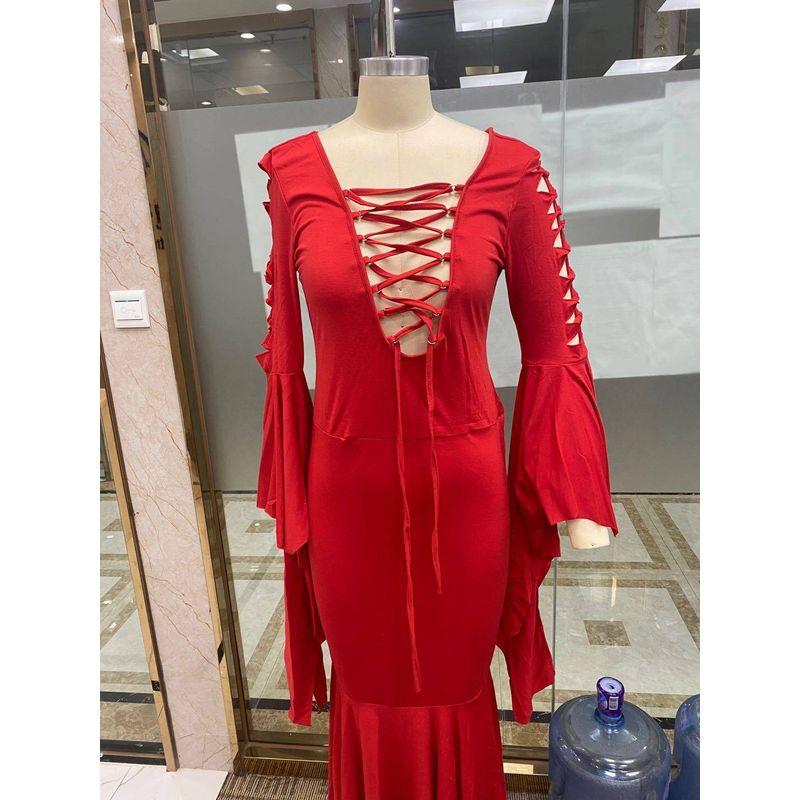 

Retro Bandage Sheath Long dress Gothic Women Retro Strappy Hip Dress Gothic Women Red S