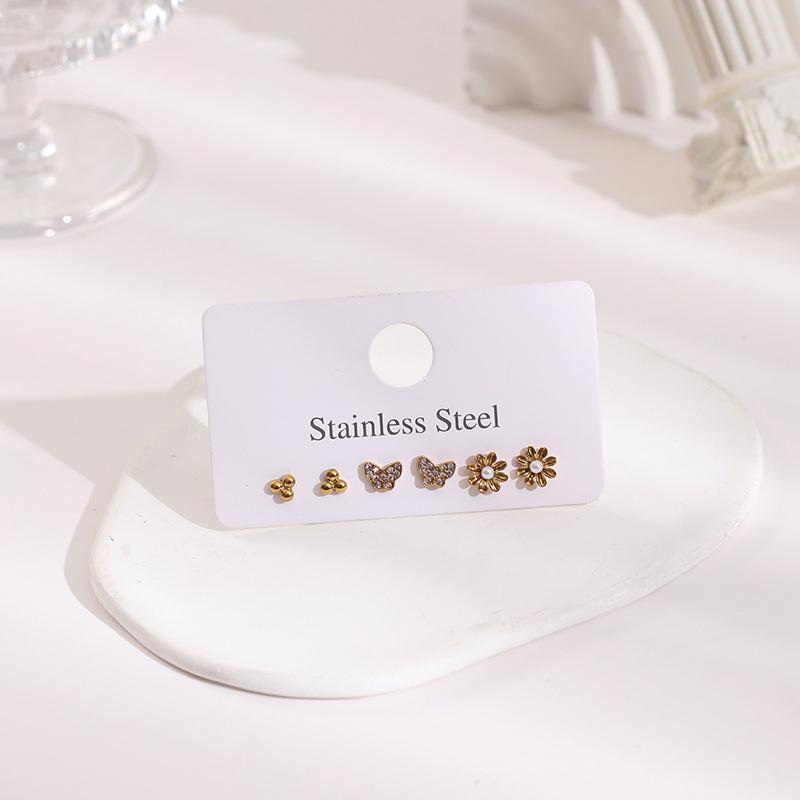 Stainless Steel Stud Earrings Set with Zirconia: Butterfly, Star, Heart & Four-Leaf Clover Designs