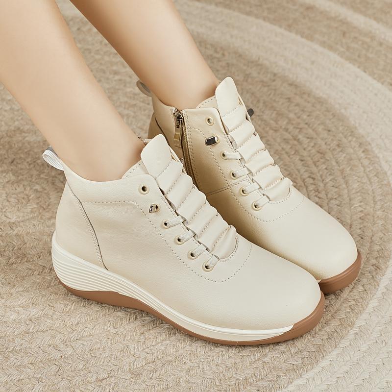 

Women Platform Sport Shoes Casual Black Leather Boots Elevator Shoes High Top Height Increase Sneakers 42