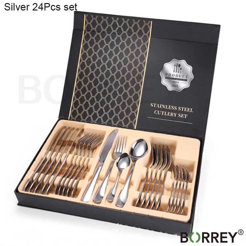 

BORREY 24 шт., набор столовых приборов из нержавеющей стали, столовые приборы розового золота, золотые столовые приборы, обеденный набор, посуда, западный обеденный набор, посуда Silver(24pcs)