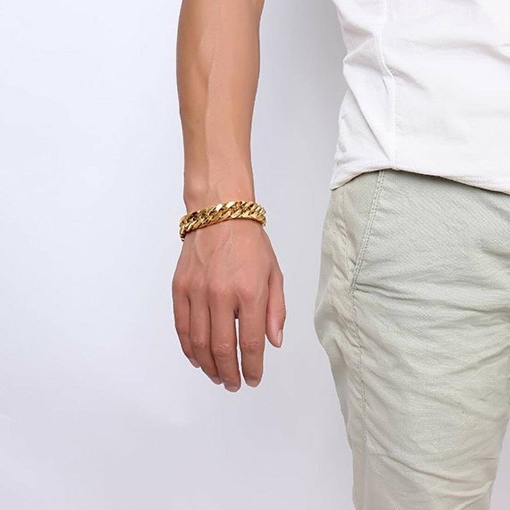 Arrive 15mm Trendy Stainless Steel Gold Cuban Curb Chain Bracelet Bangle Womens Mens Biker Jewelry  Custom