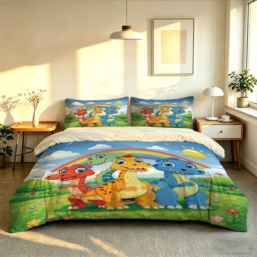 3pcs Cartoon Dinosaur Rainbow Print Duvet Cover Set Kids Boys Soft Microfiber Bedding Set with Pillowcases Quilt Cover Gift