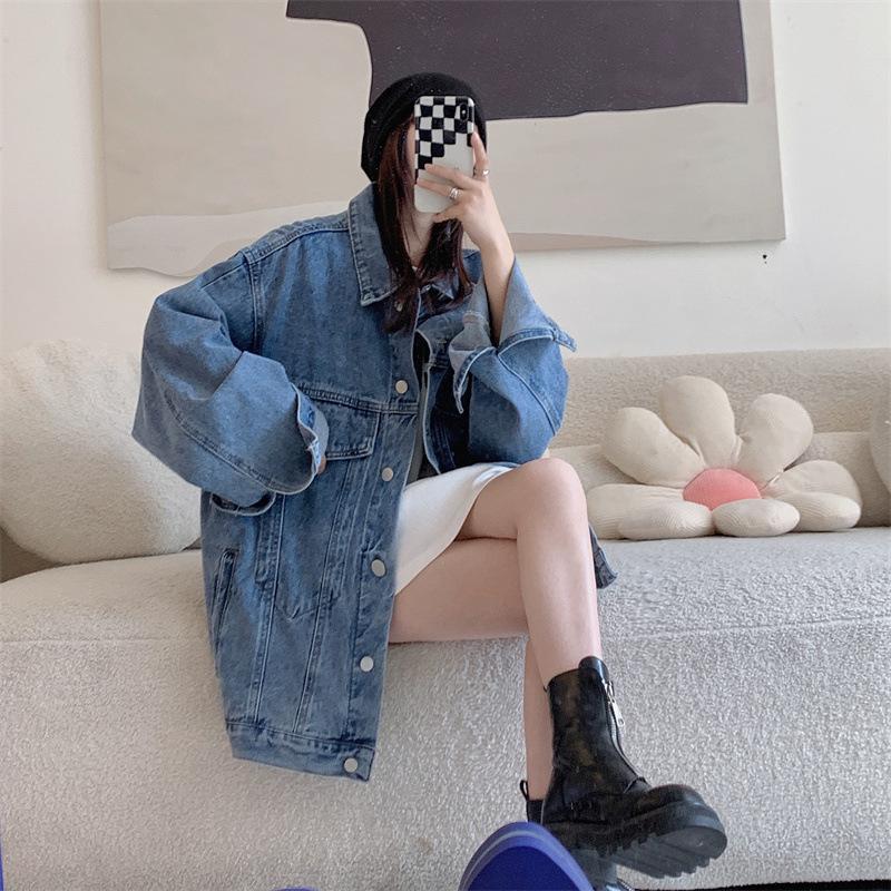 Plus Size Vintage Denim Jacket - Women's Loose Slimming Jean Jacket for Spring & Autumn