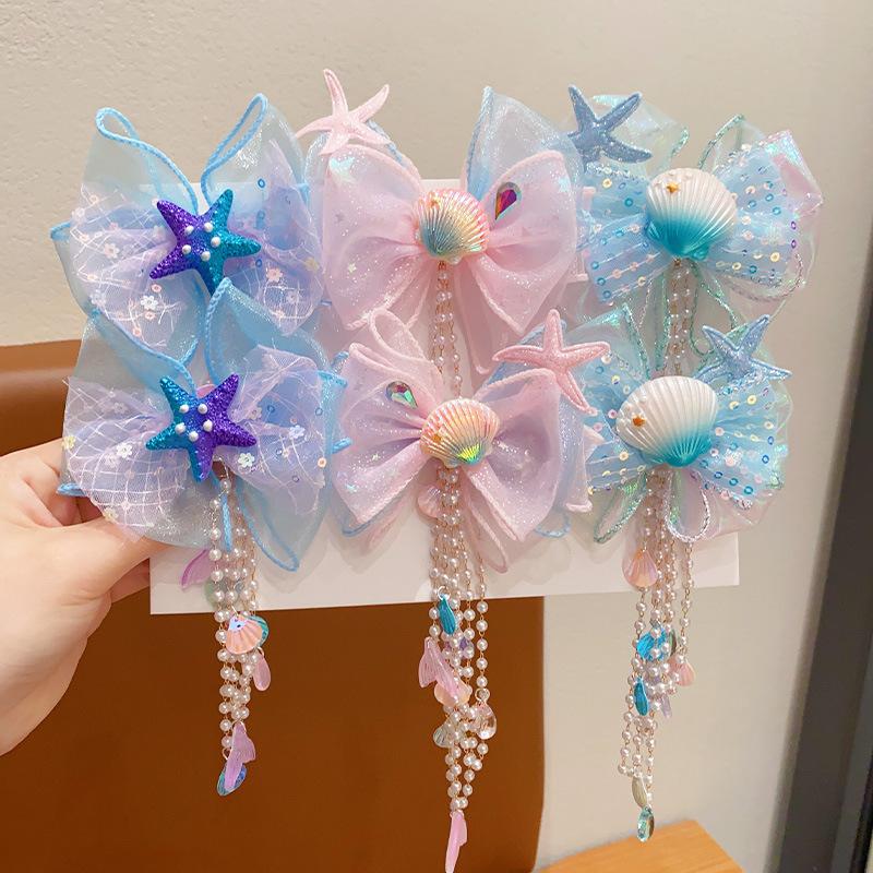 Girl's hair clip, little girl's bow, tassel, forehead chain, hair clip, children's super fairy mermaid princess clip, hair acces