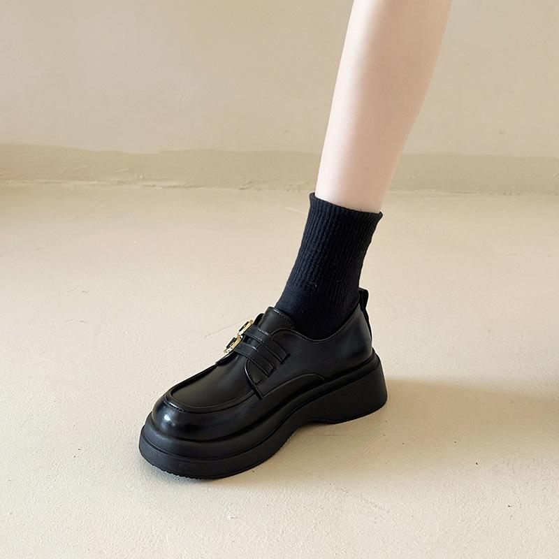 [Uncle Shoe] College Style Premium 2025 British Style Small Leather Shoes Women's Black Sense Autumn Shoes Women's Loafers Thick