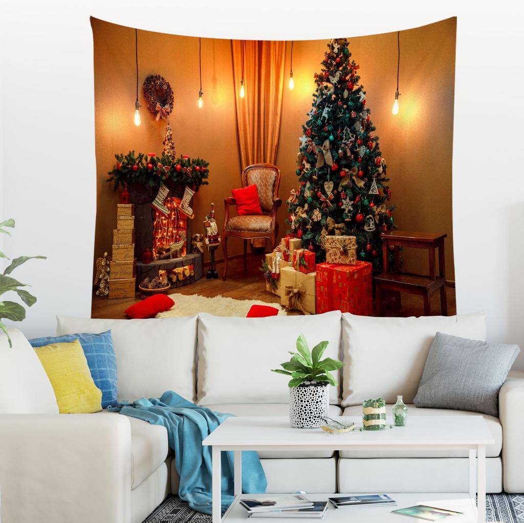 Cartoon Christmas Tapestry Christmas Gifts Socks Christmas Tree Night Scene Wall Hanging Home Living Room Festival