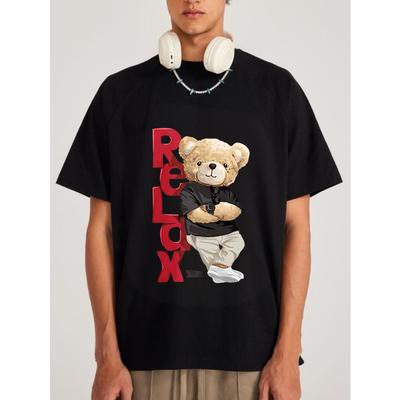 Relax Bear Graphic T-Shirt Black Teddy Bear With Red Relax Text Streetwear Fashion Casual Wear For Men And Women