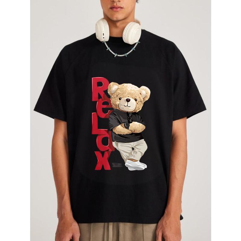 Grafické tričko Relax Bear Černý plyšový medvídek s červeným textem Relax Streetwearová móda Neformální oblečení pro muže a ženy