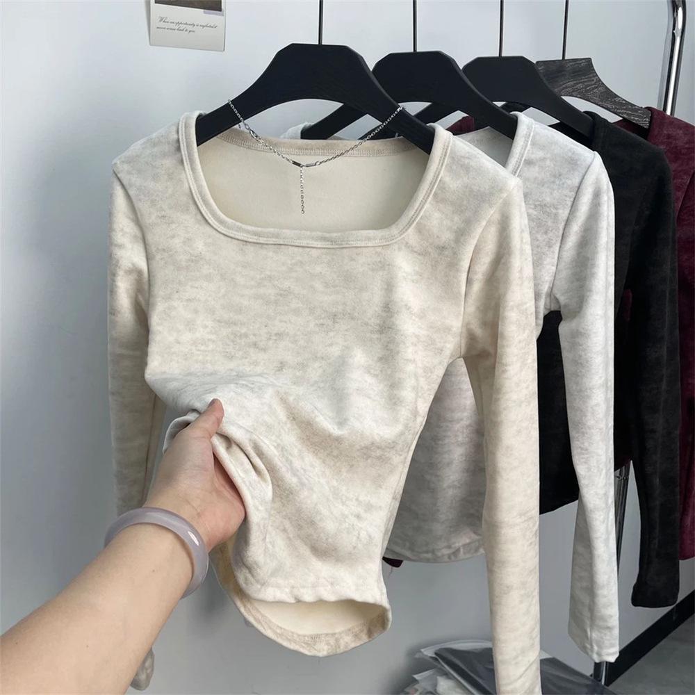 Women's French Square Neck Tie-Dye Thermal Slim-Fit Long Sleeve Top - Autumn/Winter New Arrival