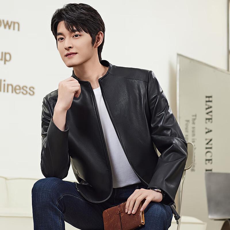 FAPAI Men's Genuine Sheepskin Leather Stand-Collar Jacket