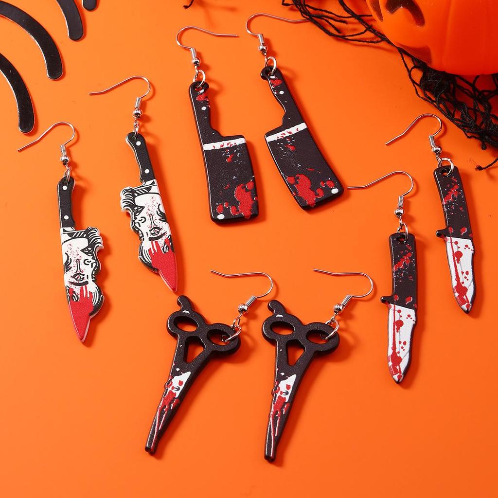 Retro Halloween Kitchen Knife & Axe Earrings: Creative Bloodstain Scissors Ear Ornaments for Women