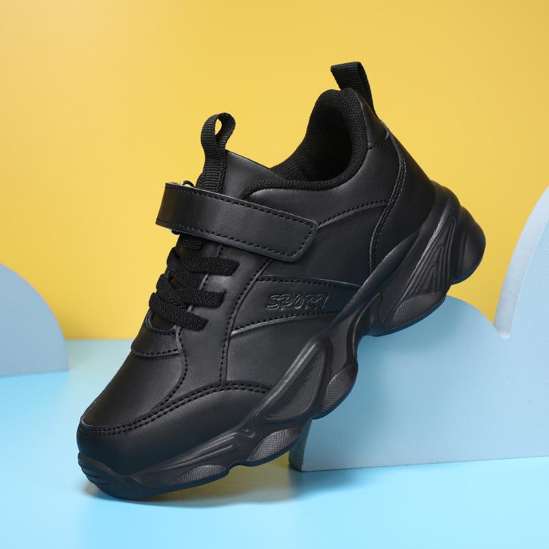 

White sneakers with double mesh, breathable and lightweight, boys running shoes, girls black leather shoes for young children 39