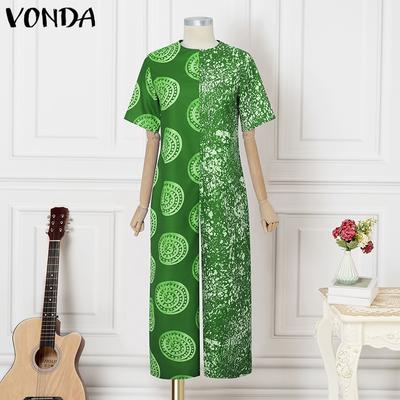 Oversized Women O-Neck Short Sleeve Stitching Print Casual Long Jumpsuits Rompers