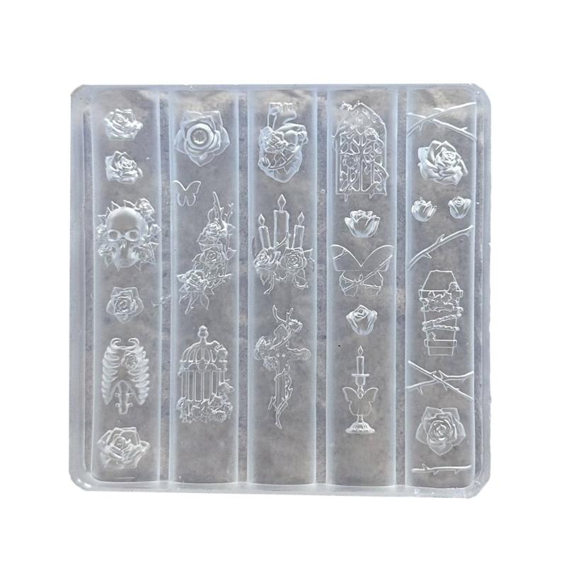 Reusable Manicure Sculpting Template For 3D Art Designs Featuring Floral Butterfly And Skull Patterns 1