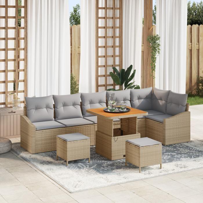 Ensemble de sofa de jardin 9 pièces avec coussins beige en Poly Rattan et acacia, Sofa de jardin 2 places avec coussins 3362672
