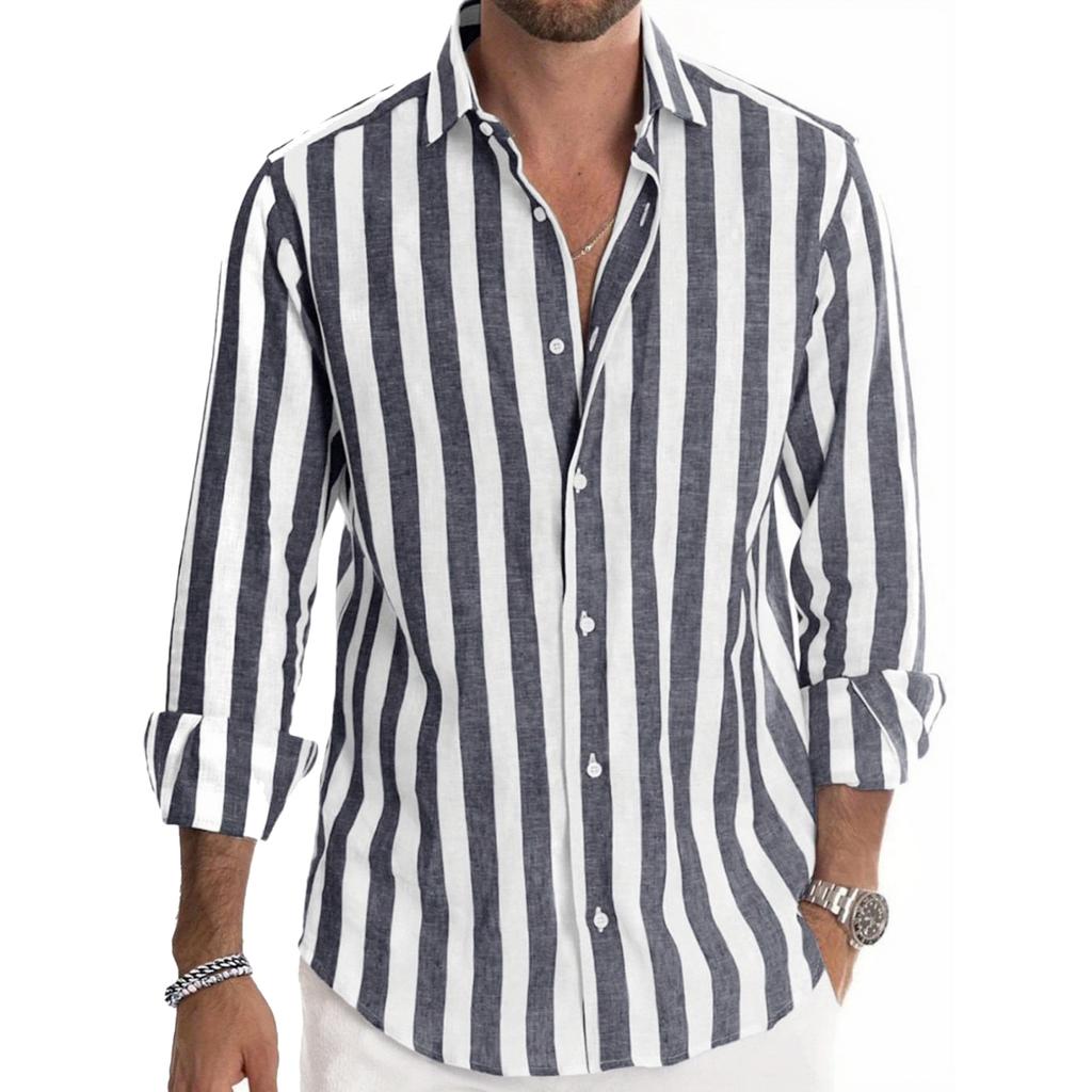 Men's Casual And Trendy Striped Shirt, Long-sleeved Top, Men's Lapel Button Cotton Shirt