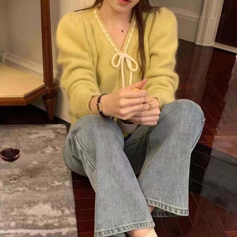Elegant Sweet Bow Lace-up V-neck Cardigan Women Sweater Korean Fashion Chic Spring and Autumn Loose Coats Versatile Long Sleeved Knitted Clothing