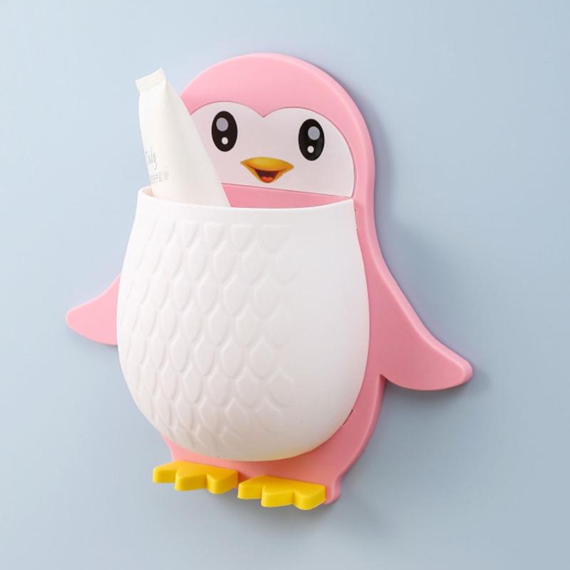Cute Cartoon Penguin Wall Mounted Storage Holder With No Drill Installation Perfect For Bathroom Toothbrush Toiletry Organizer