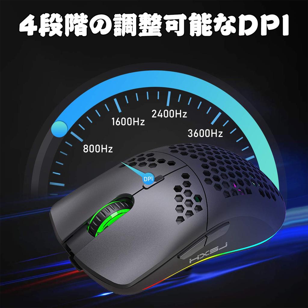 Wireless Gaming Mouse, Lightweight, Honeycomb Design, Optical RGB Backlight, 6 Buttons, 4-Level DPI Adjustment, Rechargeable 750mAh 2.4GHz Battery,