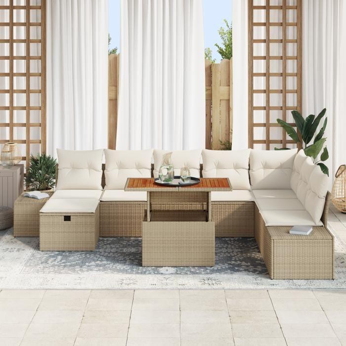 VidaXL Ensemble de canapé de jardin 9 pièces avec coussins Beige Poly Rotin 3360068