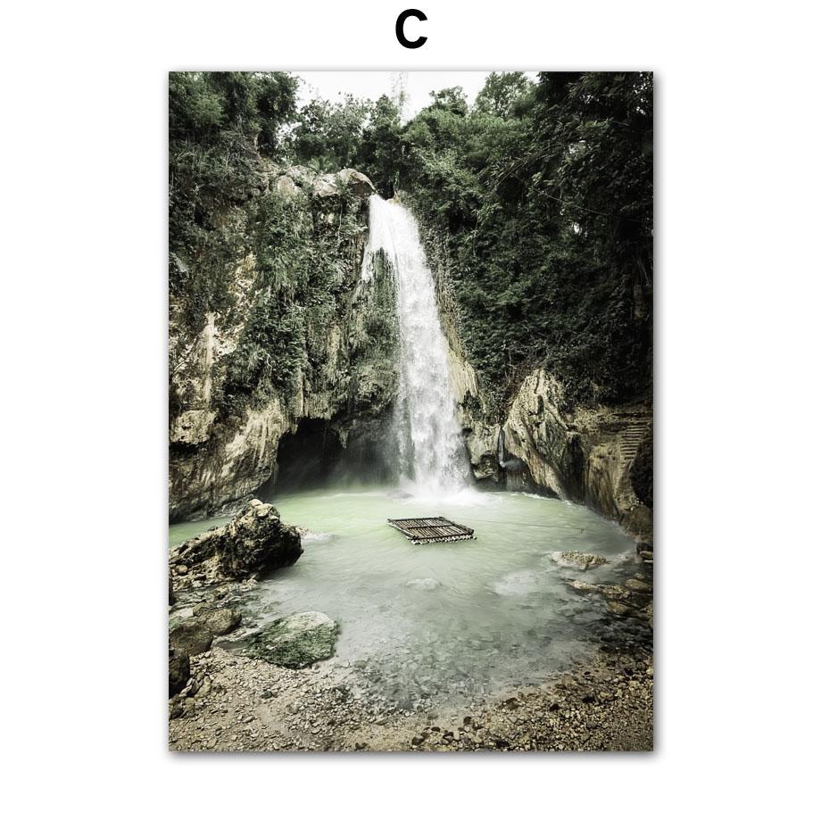 Green Mountain Waterfall Forest Leaves Landscape Posters And Prints Wall Art Canvas Painting Pictures For Living Room Home Decor
