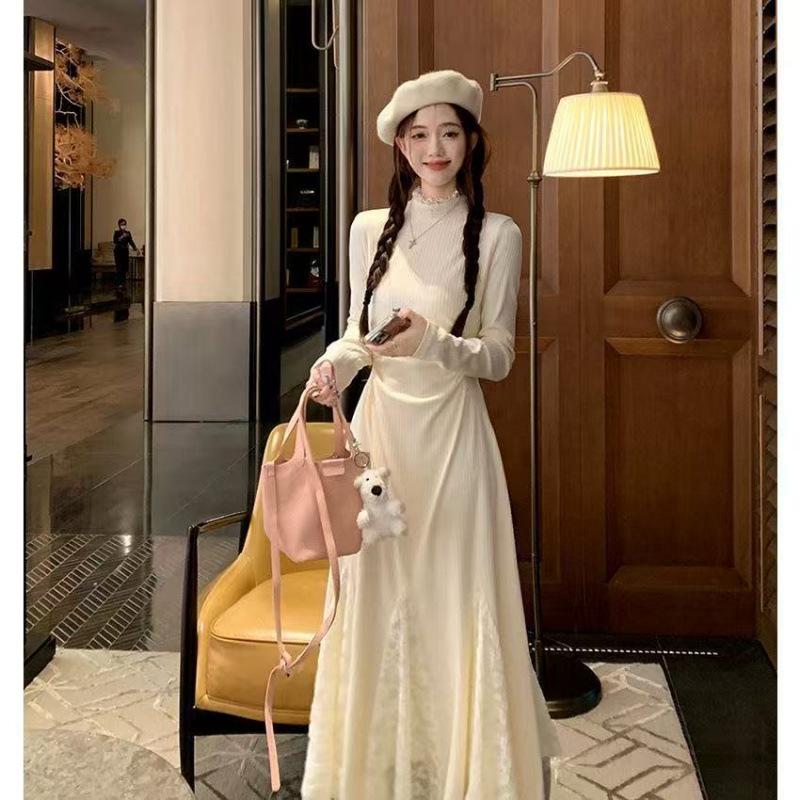 Small knitted dress long-sleeved lace splicing fishtail skirt waist half-high neck inner skirt