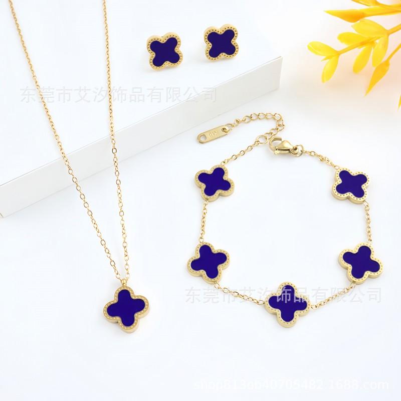13mm Lucky Clover Floral Set Necklace Bracelet Earrings Titanium Steel 18K Plated Fashion Jewelry Women Men