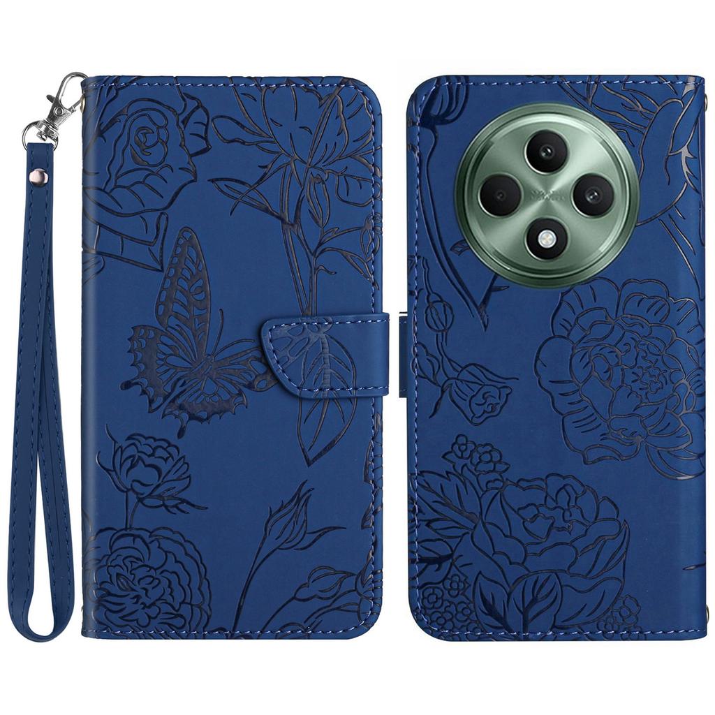 HT03 Für Oppo Reno12 F 5G Lederhülle mit Handschlaufe Schmetterling Blumen Prägung