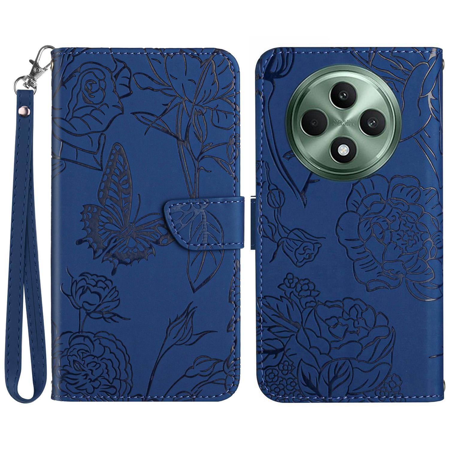 

HT03 For Oppo Reno12 F 5G Leather Case with Hand Strap Butterfly Flower Imprint Blue