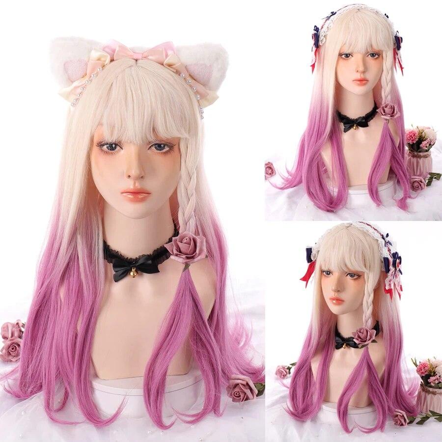 Synthetic Natural Black Wigs Long Wavy Wig for Women with Bangs Halloween Party Daily Heat Resistant Fibre Hair Wigs