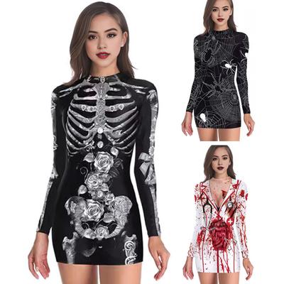 Halloween Women Dress Bloodstain Skeleton Spider Print V Neck Nurse Cosplay Long