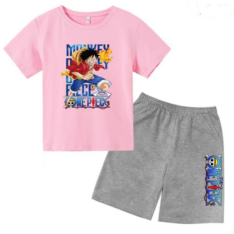 

Дитяча літня футболка з коротким рукавом для хлопчиків, дівчаток, малюків 3-12 років, аніме One Piece Луффі принт, топ + шорти 2 шт., милий, веселий, повсякденний костюм 160