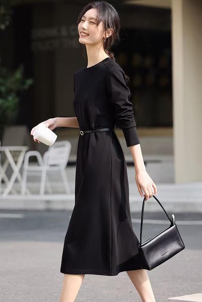 Chubikime Long Sleeve Sweatshirt Crew Midi Solid Simple and Pullover Style with Hem Stylish and Perfect for and Casual Work Women's Dress, Neck,