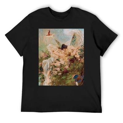 Två älvor som omfamnar varandra i ett landskap med en svan __ Hans Zatzka T-shirt anime figursydda t-shirts för män