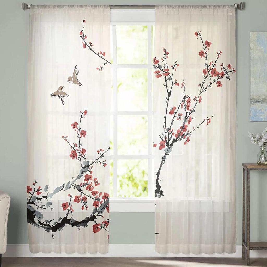 Plum Blossom Branch Bird Ink Painting Modern Tulle Curtains For Living Room Bedroom Home Kitchen Window Sheer Curtains
